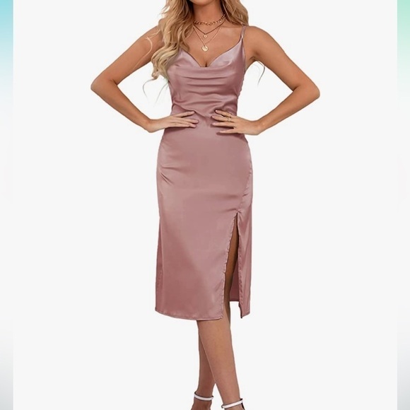 New Lyanar Dusty Rose Cowl Neck Sleeveless Satin Midi Dress Size Extra Small - Picture 16 of 16